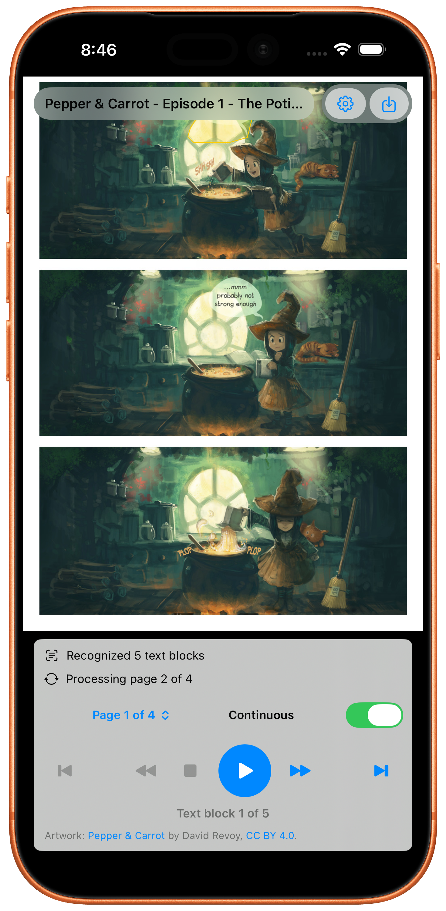 BubbleSpeak Comics running on iPhone with a Pepper and Carrot page, highlighted dialogue, and playback controls.