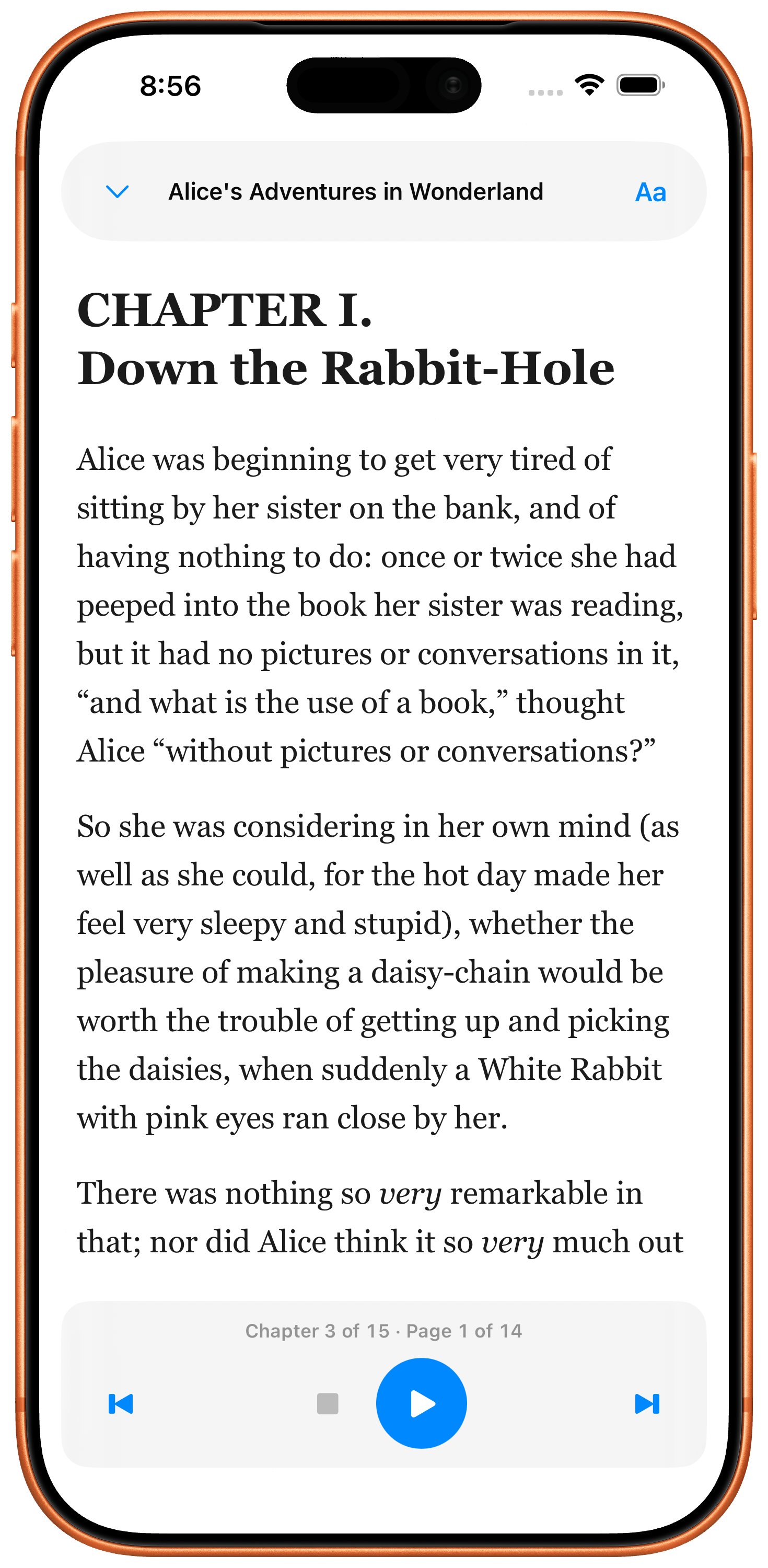 BubbleSpeak Comics showing an EPUB book, Alice's Adventures in Wonderland, open to Chapter I with playback controls.