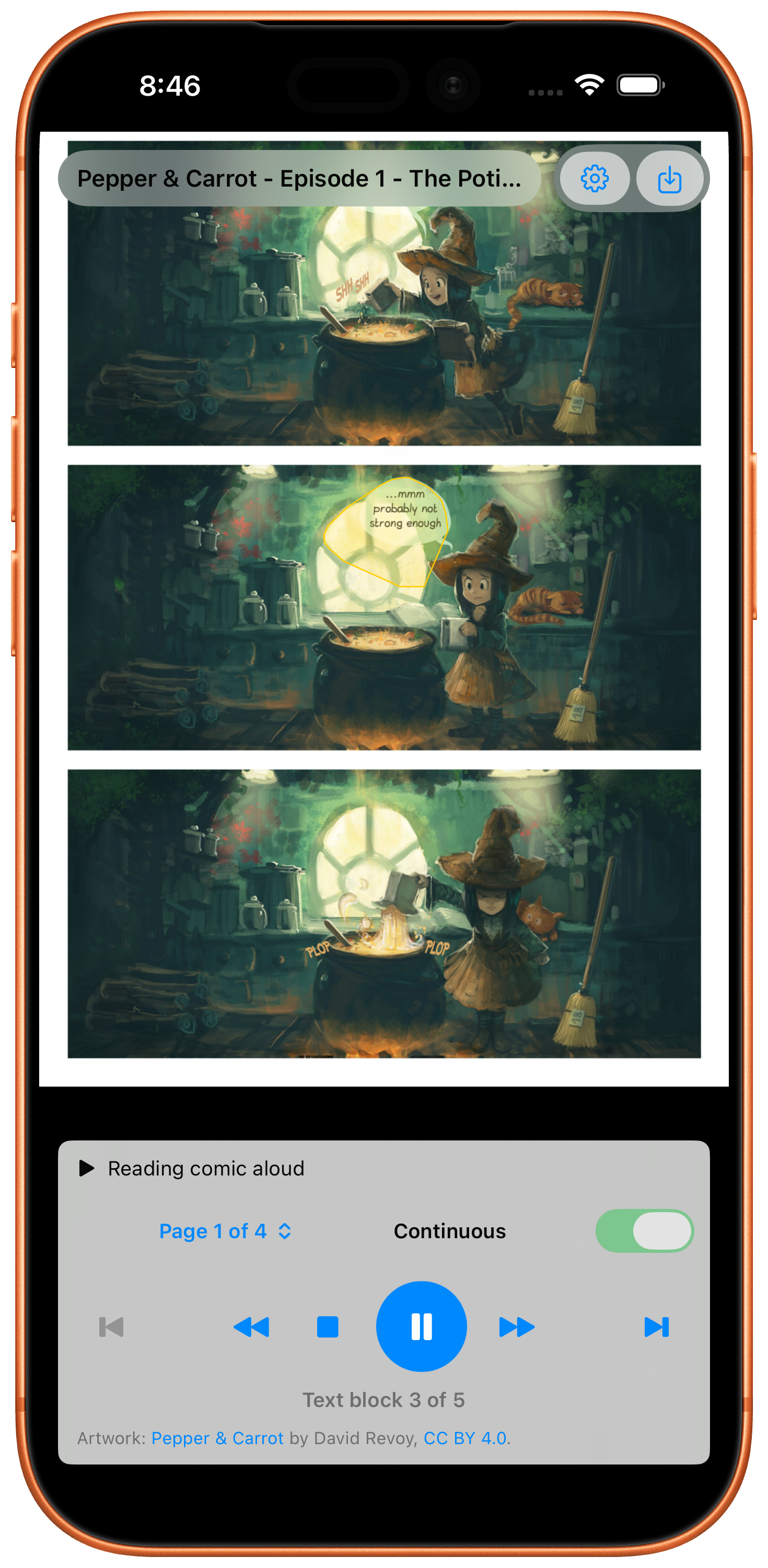 BubbleSpeak Comics reading a comic aloud on iPhone, with the active text block highlighted and pause controls showing.