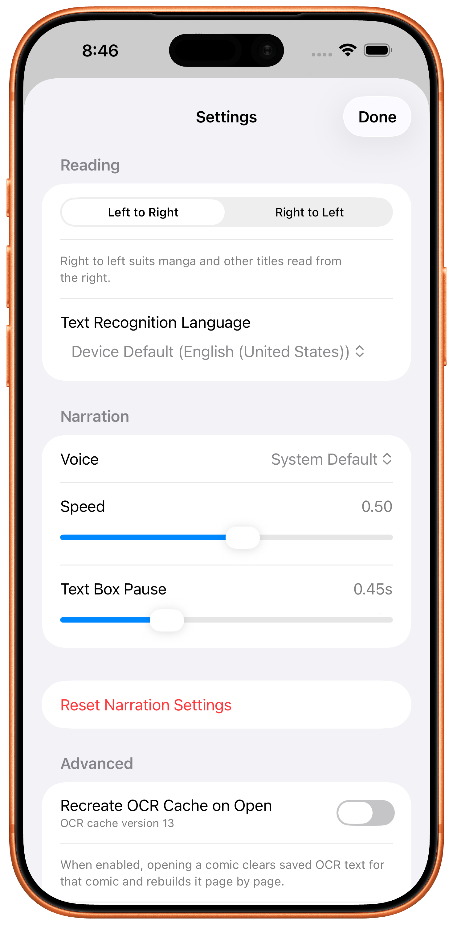 BubbleSpeak Comics settings on iPhone with reading direction, recognition language, voice, speed, and pause controls.